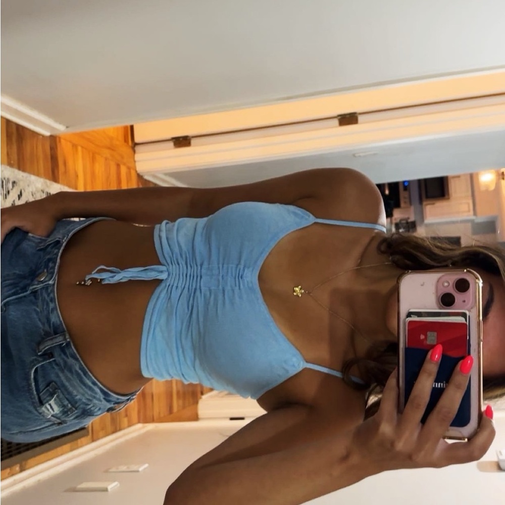 Kendall & Kylie Blue Ruched Tie Front Crop Tank Top